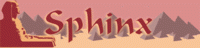 the word Sphinx in red font overlaid on a cartoon of pyramids, a desert, and the Egyptian sphinx