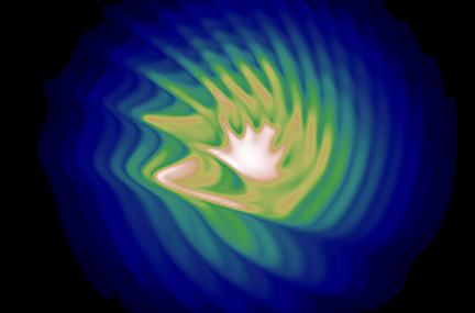 wavy simulation of plasma colored in blue, green, yellow, and white on a black background