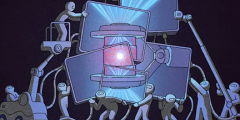 cartoon of workers assembling a fusion reactor
