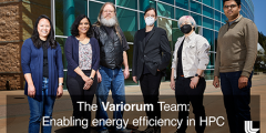 Variorum team standing outside B453 with text overlay "enabling energy efficiency in HPC"