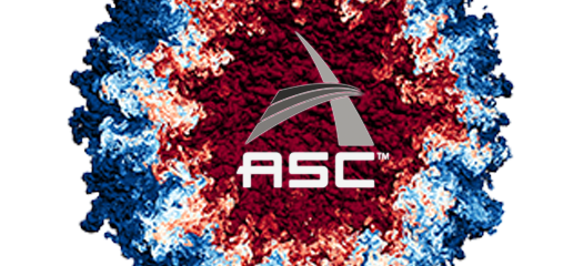 ASC logo overlaid on a red, white, and blue hydrodynamics simulation