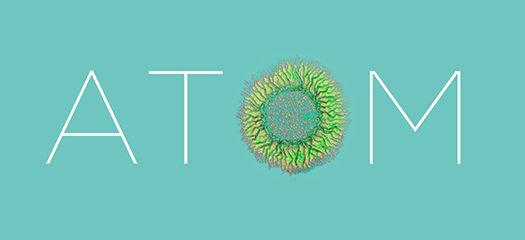 ATOM text with the O depicted as a teal simulation