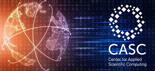 CASC logo overlaid on abstract graphic of ones and zeros with the earth superimposed over it