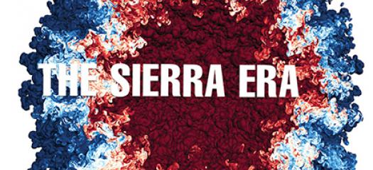 the words "the sierra era" overlaid on a red, white, and blue hydrodynamics simulation