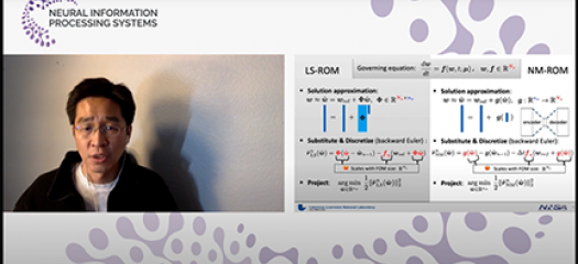 Screen shot of Youngsoo’s talk showing his video feed on one side and a slide depicting reduced order methods equations on the other.