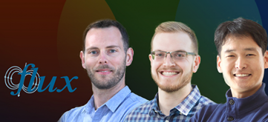 Flux logo and photos of Dan, Stephen, and Dong