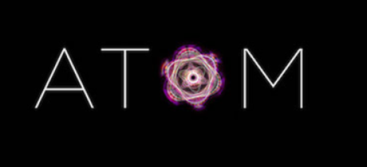 ATOM logo on black background with the O represented by an atomic structure