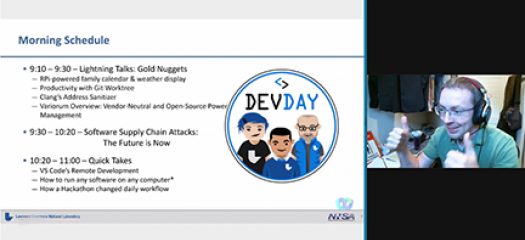 Kyle in video chat giving thumbs-up next to a slide showing the Dev Day morning agenda