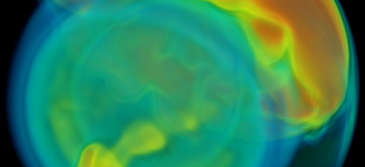 Simulation in blue, teal, green, and orange shaped like an acorn