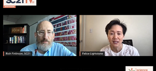 screen shot of Felice and interviewer on video chat with SC21 logo at bottom right