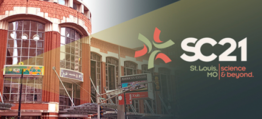 SC21 logo overlaid on photo of St. Louis convention center