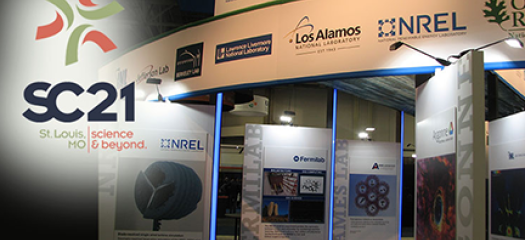 SC21 logo overlaid on photo of DOE's exhibitor booth