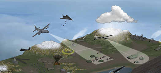 simulated battlefield showing entities of airplanes, boats, ground forces, munitions, and cloud cover