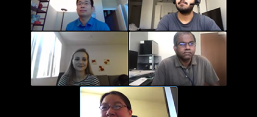 the panelists and host in video chat on a black background
