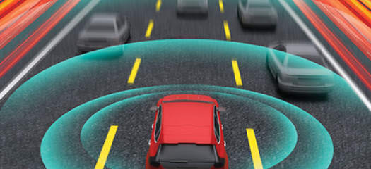 drawing of cars on a road with teal concentric circles radiating out of them