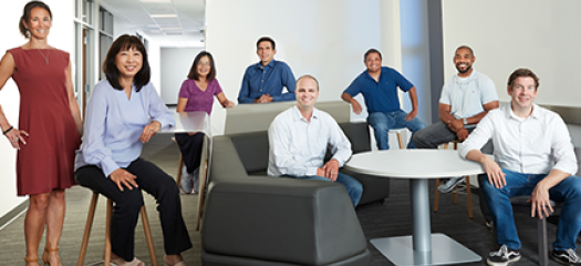 eight people gathered around sofas and tables