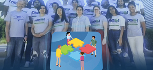 image of cartoon people assembling puzzle pieces superimposed over a photo in which students and mentors stand as a group