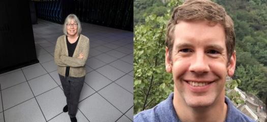 Photo of Becky in front of Sierra next to photo of Todd's portrait