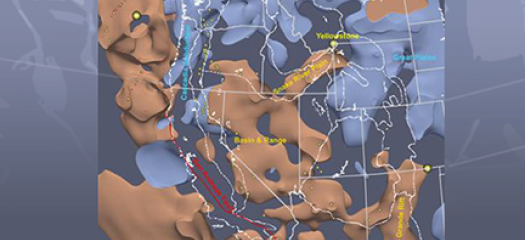 Map of the western United States with a 3D image of the WUS256 model showing variations in isotropic shear wavespeeds with high/low values indicated by blue/orange