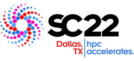 SC22 logo with pink and blue dots in a pinwheel and the text "Dallas TX | HPC accelerates"