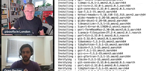 screen shot of Greg and the host in video chat alongside Spack processes running in a terminal