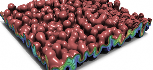 3D cutaway of a lumpy simulation in red and green