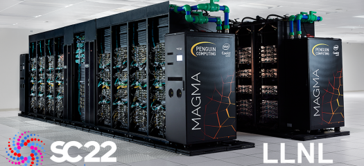 SC22 logo overlaid on a photo of the Magma supercomputer with additional text of "LLNL onsite online"