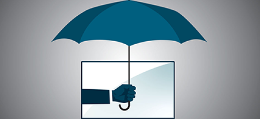 cartoon of an arm holding an umbrella coming out of a laptop screen