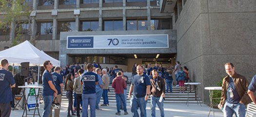 people gathering outside the main administration building