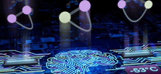 stylized drawing of atoms, a computer circuit, and labels of temperature readings of 75 degrees, -53 degrees, and -21 degrees Celsius