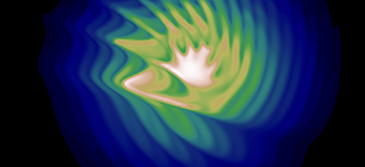 wavy simulation of plasma colored in blue, green, yellow, and white on a black background