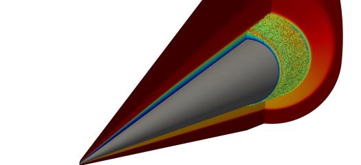 A high-fidelity simulation of the hypersonic turbulent flow over a notional hypersonic flight vehicle (colored grey) depicts the speed of the air surrounding the body, with red as high and blue as low. The turbulent motions that impose harsh, unsteady loading on the vehicle body are depicted in the back portion of the vehicle. Accurately predicting these loads are critical to vehicle survivability, and for practical applications, billions of degrees of freedom are required to predict physics of interest