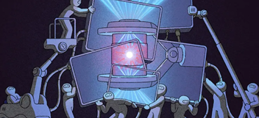 cartoon of workers assembling a fusion reactor