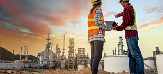 two workers in reflective vests look at a power plant under a sunset