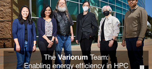 Variorum team standing outside B453 with text overlay "enabling energy efficiency in HPC"