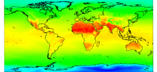 rainbow-colored Mercator-like map of the world with red zones near the equator and blue zones near the poles