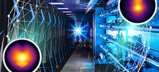 Sierra supercomputer and National Ignition Facility photos combined with abstract graphic representing experimental data and simulations
