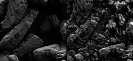 Real scanning electron microscope image of TATB powder, alongside a hypothetical scanning electron microscope image of TATB powder made to optimize its peak stress. The hypothetical image is made of smaller grains. 