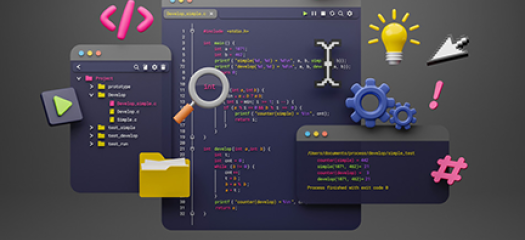 cartoon collage of code, a computer, and computing symbols