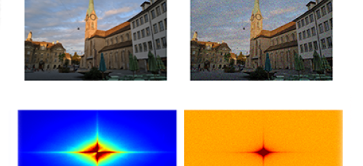 Top row: two photos of a large building with a spire corrupted by glass blur and shot noise; bottom row: two multicolored rectangles (spectral heatmaps) corresponding to the photos