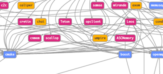 diagram showing many colored boxes (denoting software packages) connected by complex lines (denoting dependency relationships)