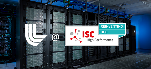 RZHound supercomputer overlaid with LLNL logo and ISC High Performance "reinventing HPC" logo