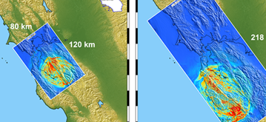 side-by-side topographical maps of the California Bay Area with Hayward Fault highlighted in blue and earthquake growth depicted in rainbow colors