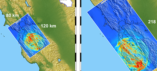 side-by-side topographical maps of the California Bay Area with Hayward Fault highlighted in blue and earthquake growth depicted in rainbow colors 