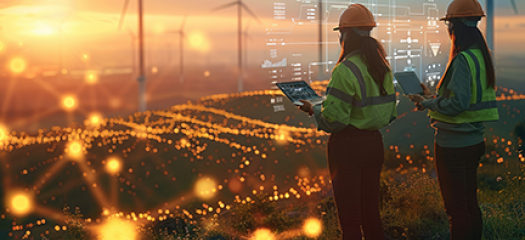 two utility workers in fluorescent vests survey a field of windmills overlaid with glowing dots, abstract shapes, and data analytics