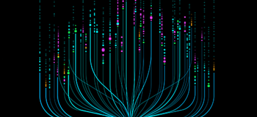 teal lines adorned with multicolored dots extending upward from a single point, all on a black background