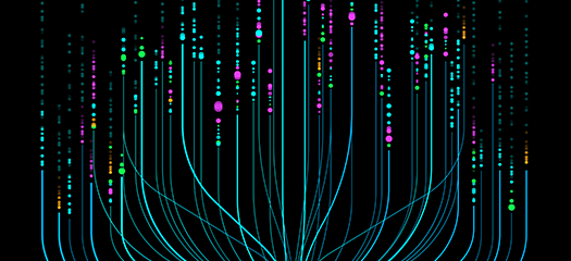 teal lines adorned with multicolored dots extending upward from a single point, all on a black background