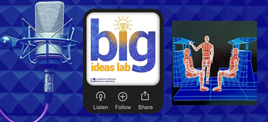 Big Ideas podcast logo, microphone, and simulation of humans on a mesh