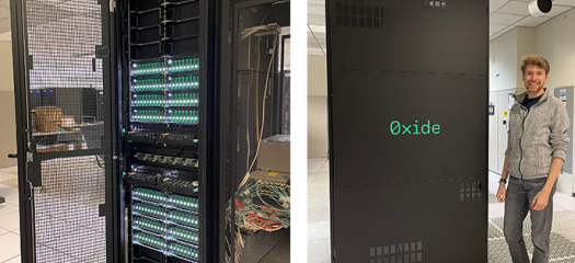 two views of the Oxide rack, one with the door open and one with a person standing beside it