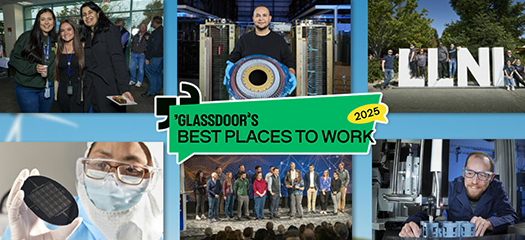 collage of six scenes from around the Lab along with LLNL logo and Glassdoor best places to work 2025 graphic